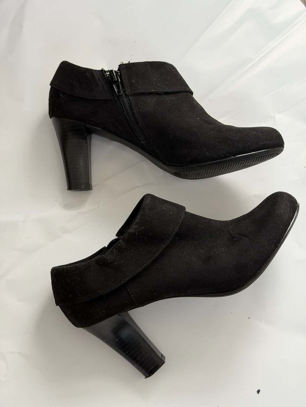Coach and Four Black Faux Suede Cuffed Ankle Booties with Block Heel